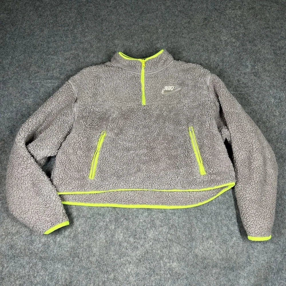 Nike Jacket Women's L Deep Pile Shaggy Swoosh Fleece Sherpa Crop Pullover Neon